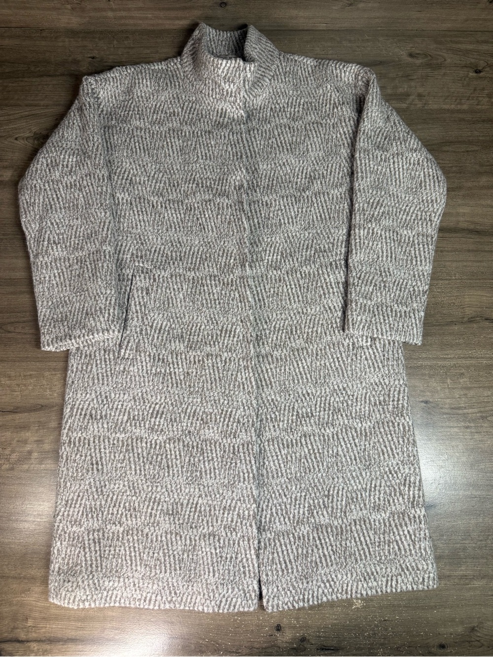 Eileen Fisher Petite PS Alpaca Wool Silk Boucle Long Coat Taupe Gray Peru